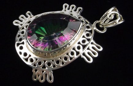 New Vint Big Sterling Silver Rainbow Topaz Turtle Pendant