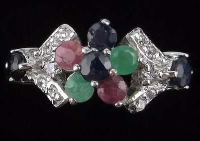 New Thick Sterling Silver Ruby Emerald Sapphire Ring 5.5