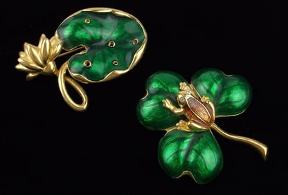 Mint Vint Designer Rhinestone Moveable Frog Lilly Pad Brooch