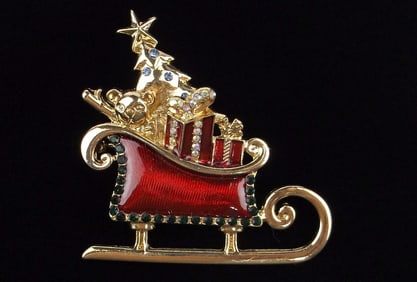 New Boxed Monet Enameled Rhinestone Christmas Sleigh Brooch