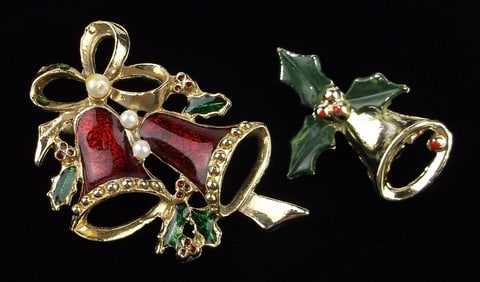 Stunning Vint 1960s Enameled Christmas Bells Brooch Lot