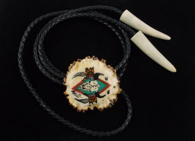 Mint Vintage Rita Holmes Hand Painted Antler Bolo Tie