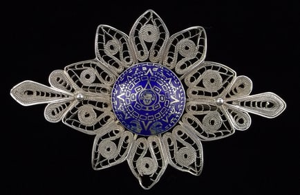 Big Stunning 1960s Taxco Sterling Silver Mayan Calendar Brooch