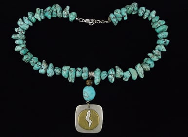 Mint Vint Navajo Becky Jones Sterling Snake Turquoise Necklace 16"