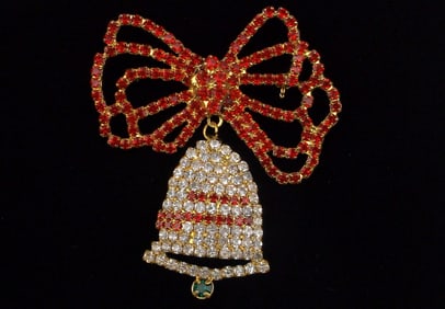 Mint Vintage Big Rhinestone Christmas Bell Brooch