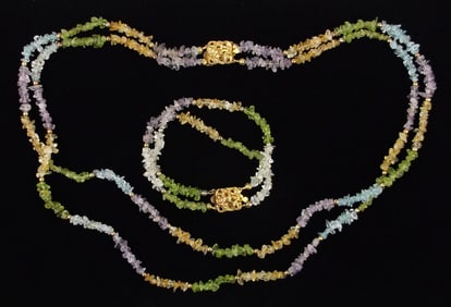 Vint Amethyst Peridot Aquamarine Necklace Bracelet 7.5" 22" Mint