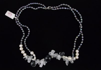 New Sterling Silver Black Pearl Onyx Quartz Necklace 20"