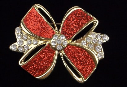 Mint Rhinestone Christmas Bow Brooch