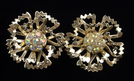 Mint Big Vintage 1960s Aurora Borealis Rhinestone Earrings