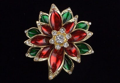 New Boxed Monet Rhinestone Poinsettia Christmas Brooch