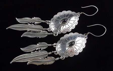 Mint Vint Big Navajo Bobby James Sterling Onyx Earrings Feather