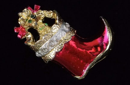 Mint 1960s Enameled Rhinestone Dog Christmas Brooch Stocking