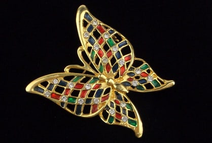 Mint Vint Enameled Rhinestone Butterfly Brooch Life Size