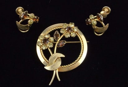 Rare Mint 1960s ART 12kt GF Rhinestone Brooch Earrings Set