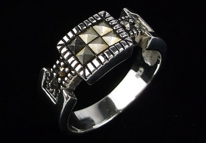 Mint Vint Thick Designer Sterling Silver Marcasite Ring 6.5