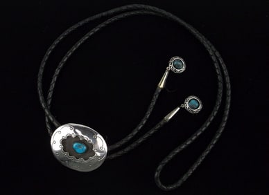 Mint 1930s Navajo Sterling Silver Turquoise Bolo Tie 40" Kingsman