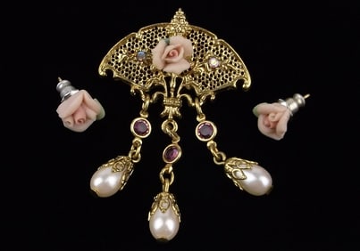 Mint Vintage 1928 Brand Rhinestone Rose Brooch Earrings Set