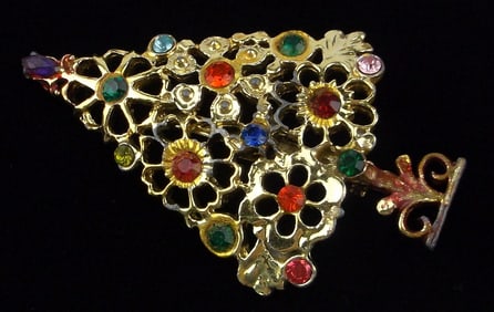 Gorgeous Vintage 1960s Rhinestone Christmas Tree Brooch