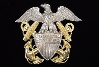 Mint Big 1940s WWII Sterling Silver US Navy Officer Hat Badge Viking