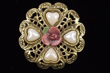 Mint Vintage 1928 Brand Celluloid Heart Rose Brooch