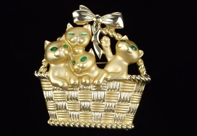 Mint Vintage Enameled Basket of Kittens Cat Brooch