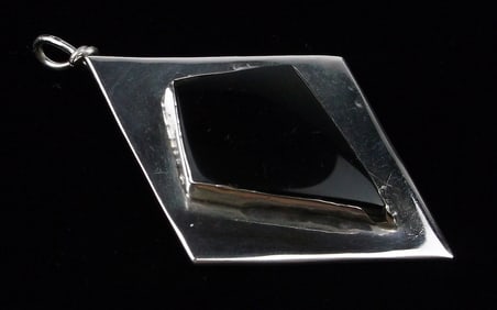 Stunning Vint Big Taxco Sterling Silver Onyx Pendant TC44 Thick