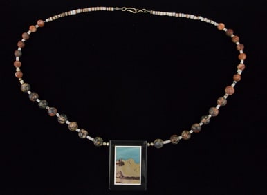 Mint 1970s Navajo Mary Willetto Sterling Pic Stone Necklace 20"