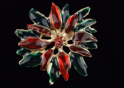 Gorgeous Vint Enameled Poinsettia Christmas Brooch