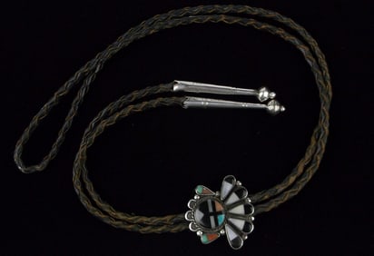 RARE 1930s Zuni Sterling Turquoise Sun Face Inlay Bolo Tie H 38"