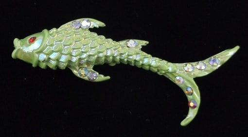 Mint Vintage 1960s Opalescent Rhinestone Fish Brooch