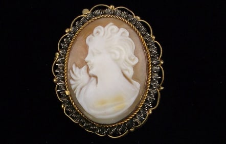 Stunning Antique 1930s Sterling 12kt GF Shell Cameo Brooch Pend