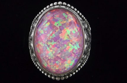 Mint Vintage BIG Sajen Sterling Silver Opal Lotus Ring 7