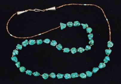 RARE 1950s Navajo James Lee Sterling Fox Turquoise Necklace 28"