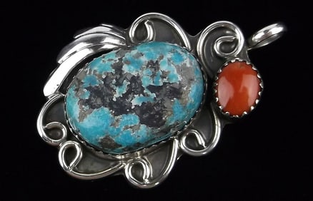 Mint Vint Navajo Johnson Ralph Sterling Turquoise Coral Pendant