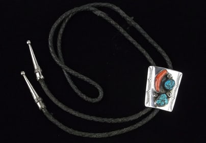 Big Mint 1940s Navajo Sterling Turquoise Coral Bolo Tie 33"