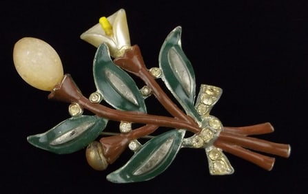 Gorgeous 1930s Big Enameled Rhinestone Flower Brooch Art Deco