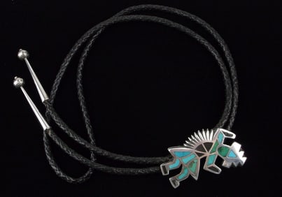 Mint Big 1950s Zuni Sterling Kachina Turquoise Bolo Tie 36"
