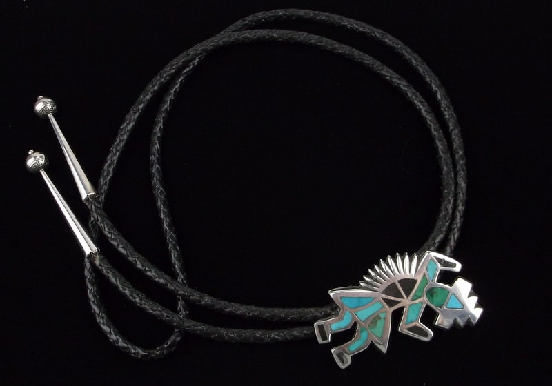 Mint Big 1950s Zuni Sterling Kachina Turquoise Bolo Tie 36": Zuni handmade sterling silver in excellent condition