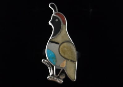 Mint 1960s Zuni Sterling Silver Turquoise Inlay Quail Ring 7