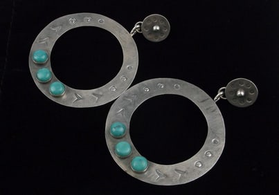 RARE Huge Jenny Forks Sterling Silver Turquoise Hoop Earrings