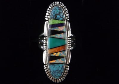 Mint Big Navajo Jason Livingston Sterling Opal Inlay Ring 6.5 Turquoise