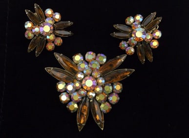 Gorgeous Vint 1960s Rhinestone Starburst Brooch Earrings Set