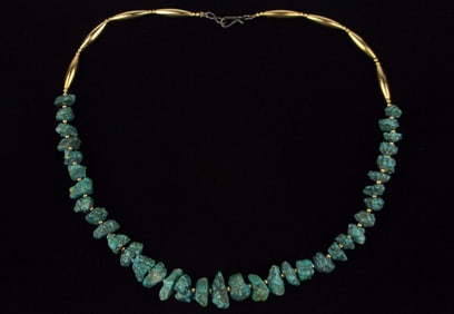 RARE Navajo JMS BOWMAN 12k SOLID GOLD TURQ NECKLACE 20"