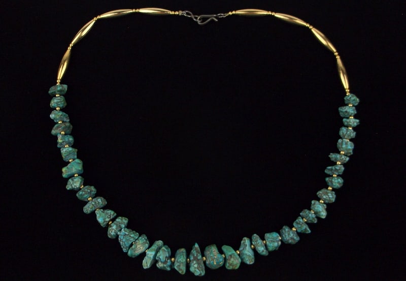 RARE Navajo JMS BOWMAN 12k SOLID GOLD TURQ NECKLACE 20" (1 of 8)