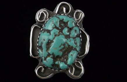 RARE Navajo Stan Lincoln Sterling Black Widow Turq Ring 7.5