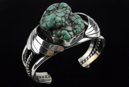 RARE Navajo Mike Dodge Sterling Black Widow Turquoise Bracelet