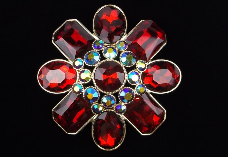 New Boxed Big Monet Ruby Red Rhinestone Brooch