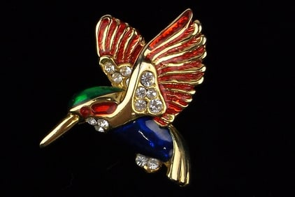 Mint Vintage Enameled Rhinestone Hummingbird Brooch