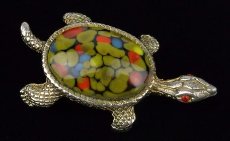 Stunning Vintage 1950s Mosaic Shell Turtle Brooch