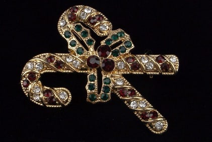 New Boxed Monet Rhinestone Christmas Candy Cane Brooch